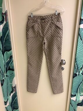 Bottega Veneta tan, brown logo straight leg pants.